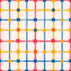 Plaid with points and squares - red, blue, yellow and off white