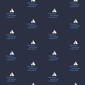 Nautical Sailboats and Waves in Midnight Blue, White and  Blue