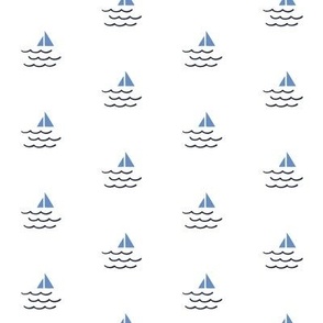 Nautical Sailboats and Waves in White, Blue and Midnight Blue