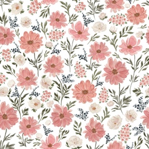Jumbo - Sweet Hand Painted Floral Field, Feminine Botanical Garden Oasis - White, Pink, Ivory - Nursery, Girly Design, Bedding, Wallpaper