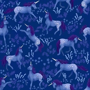 Prancing Unicorns on Dark Blue (small scale)