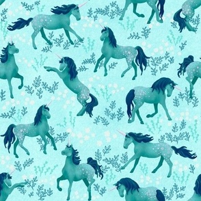 Prancing Unicorns on Teal (small scale)