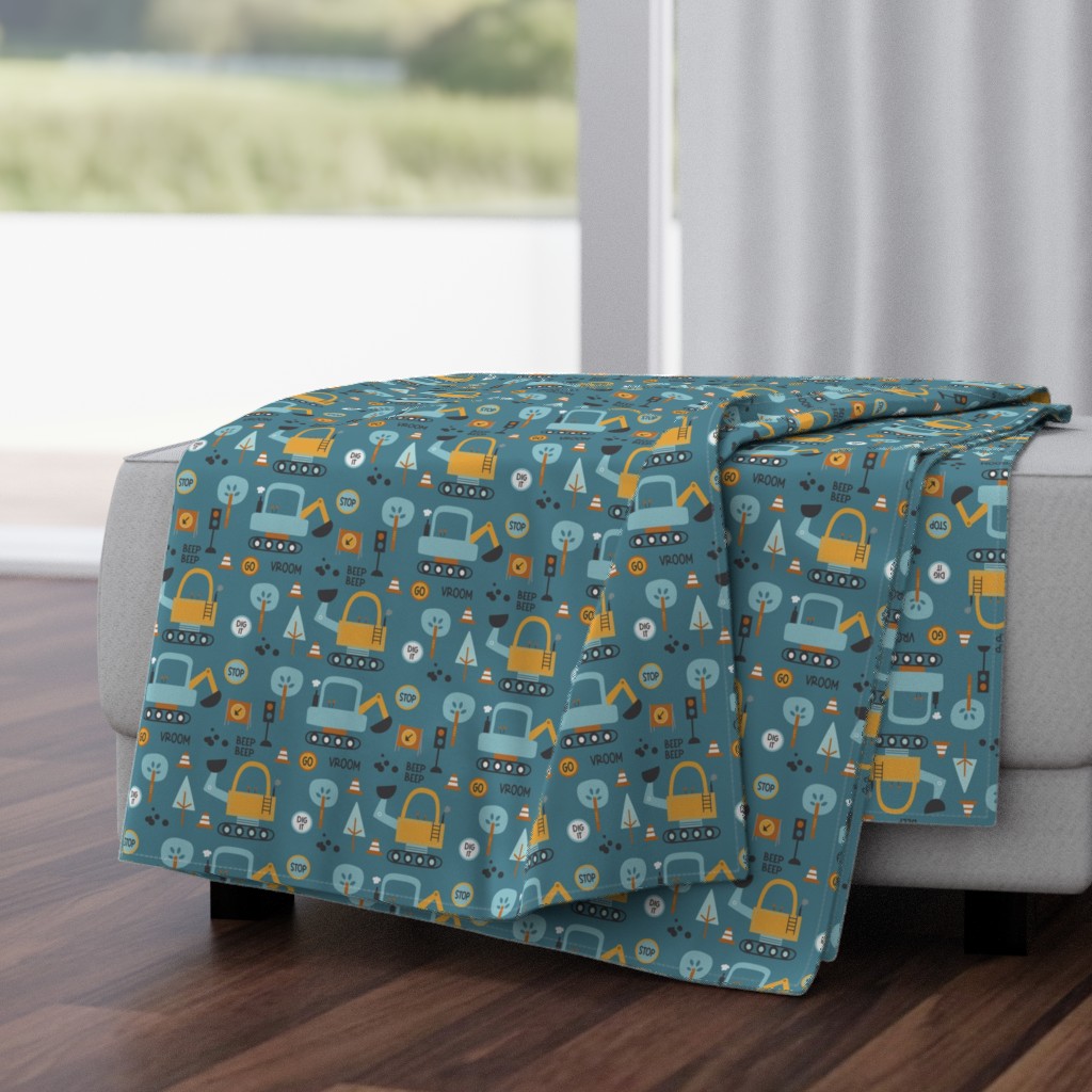 Tractor Trucks / Diggers Boy Pattern - blue and mustard truck fabric (dark blue, patt 3)