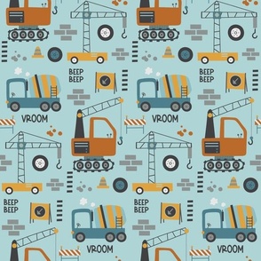Construction Trucks / Diggers Boy Pattern - blue and mustard truck fabric (blue, patt 4)