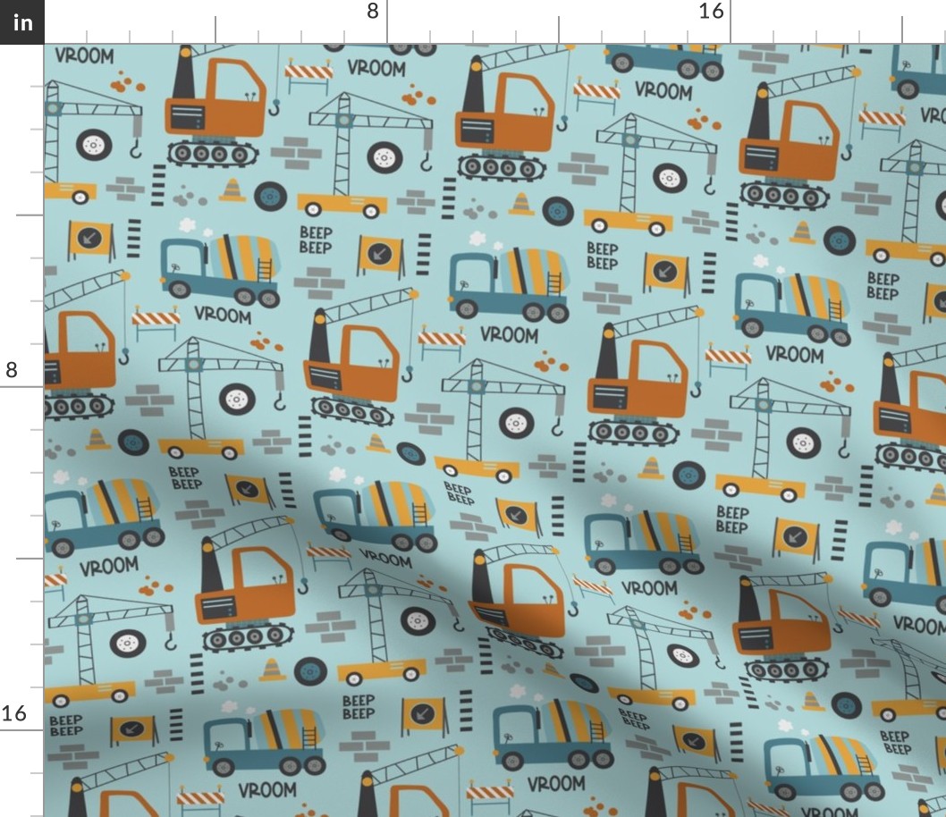 Construction Trucks / Diggers Boy Pattern - blue and mustard truck fabric (blue, patt 4)