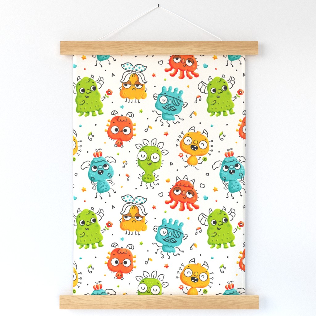 Medium scale / Spooky cute monsters family / colorful Halloween yellow orange teal blue lime green playful friends musical dance party / gender neutral linen baby kids nursery critters
