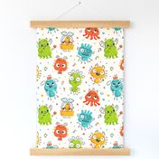 Medium scale / Spooky cute monsters family / colorful Halloween yellow orange teal blue lime green playful friends musical dance party / gender neutral linen baby kids nursery critters