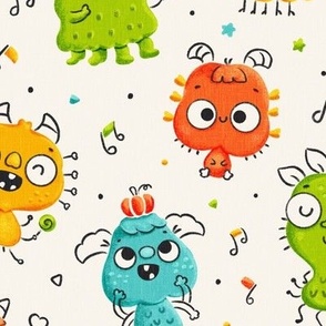 Medium scale / Spooky cute monsters family / colorful Halloween yellow orange teal blue lime green playful friends musical dance party / gender neutral linen baby kids nursery critters