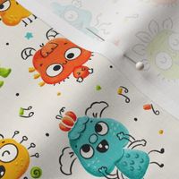 Small scale / Spooky cute monsters family / colorful Halloween yellow orange teal blue lime green playful friends musical dance party / gender neutral linen baby kids nursery critters