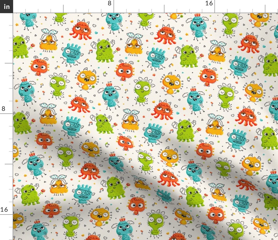 Small scale / Spooky cute monsters family / colorful Halloween yellow orange teal blue lime green playful friends musical dance party / gender neutral linen baby kids nursery critters