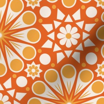Retro Geometric Floral Tile - Tangerine - Medium
