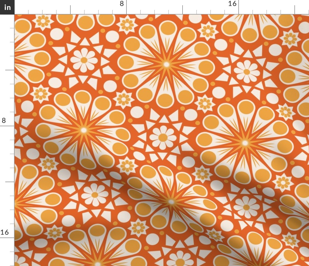 Retro Geometric Floral Tile - Tangerine - Medium