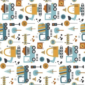Diggers / Construction Trucks Boy Pattern - blue and mustard truck fabric (white, patt 2) half-scale ROTATED