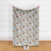 Diggers / Construction Trucks Boy Pattern - blue and mustard truck fabric (soft sand stripe, patt 1) large scale ROTATED