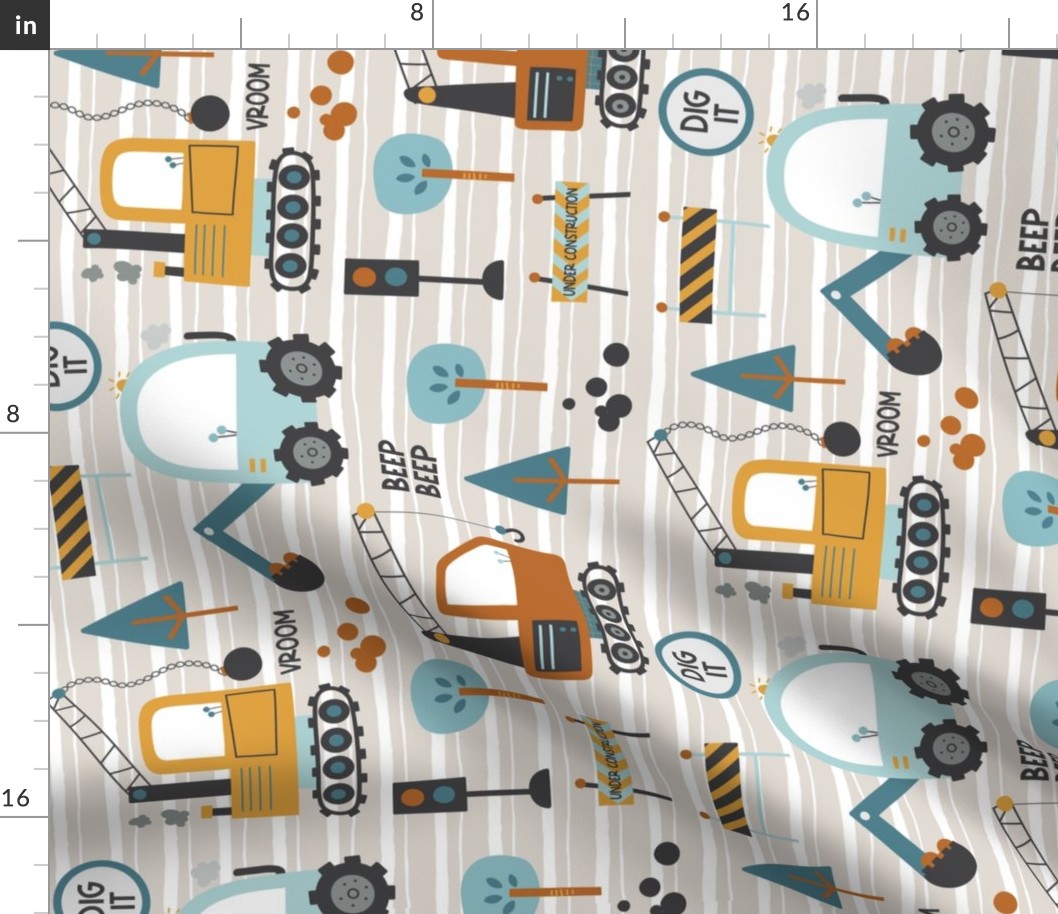 Diggers / Construction Trucks Boy Pattern - blue and mustard truck fabric (soft sand stripe, patt 1) large scale ROTATED