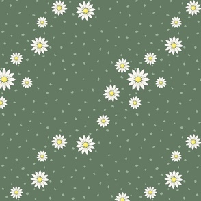 Meadow Wave: Powdery Forest Green & Cream Wild Daisies Diagonal Floral Stripe