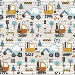 Diggers / Construction Trucks Boy Pattern - blue and mustard truck fabric (soft sand stripe, patt 1) half-scale