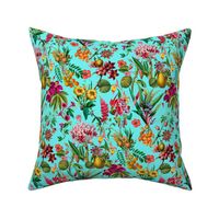 Tropical Jungle Flower And Fruit Garden Pattern On Turquoise Extra Small
