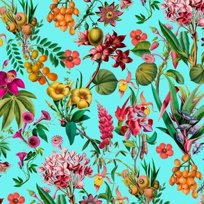 Tropical Jungle Flower And Fruit Garden Pattern On Turquoise Large Scale Medium Scale