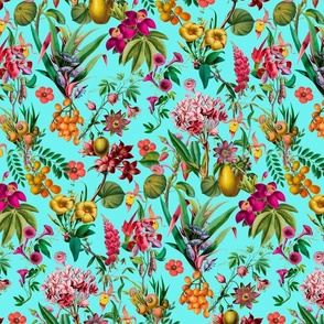 Tropical Jungle Flower And Fruit Garden Pattern On Turquoise Smaller Scale