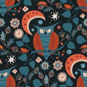 BIG SIZE Owl Floral Scandinavian Forest