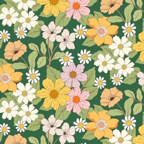 Retro Floral – Colorful Vintage 1960s and 1970s Flowers, green (clf-14)