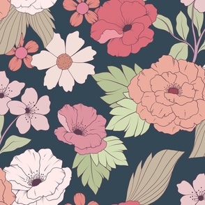 XL Colorful Vintage Floral – Retro 1960s and 1970s Flowers (dk-15)