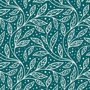 Boho intricate curly foliage. Dark teal blue-Ivory