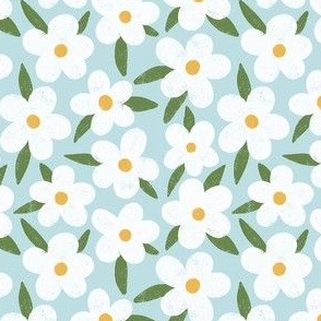 Petite Blossom Bliss in Light Blue (4x4) | Simple White Flowers on a Light Blue Background