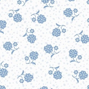 Large tossed block printed flower botanical floral in sky blue on white