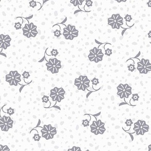 Large tossed block printed flower botanical floral in cool grey on white