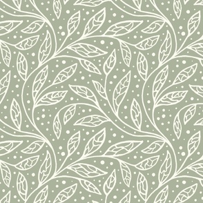 Boho intricate curly foliage. Sage Green -Ivory