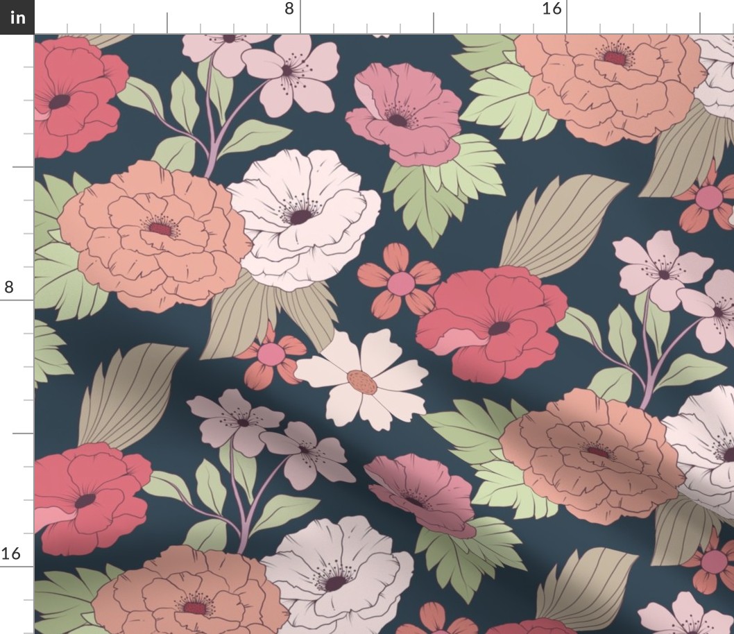 Colorful Vintage Floral – Retro 1960s and 1970s Flowers (dk-15) smaller scale