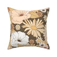 XL Earth Tone Vintage Floral - Retro 1960s and 1970s Flowers, brown and cream (sp-12)