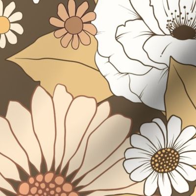 XL Earth Tone Vintage Floral - Retro 1960s and 1970s Flowers, brown and cream (sp-12)