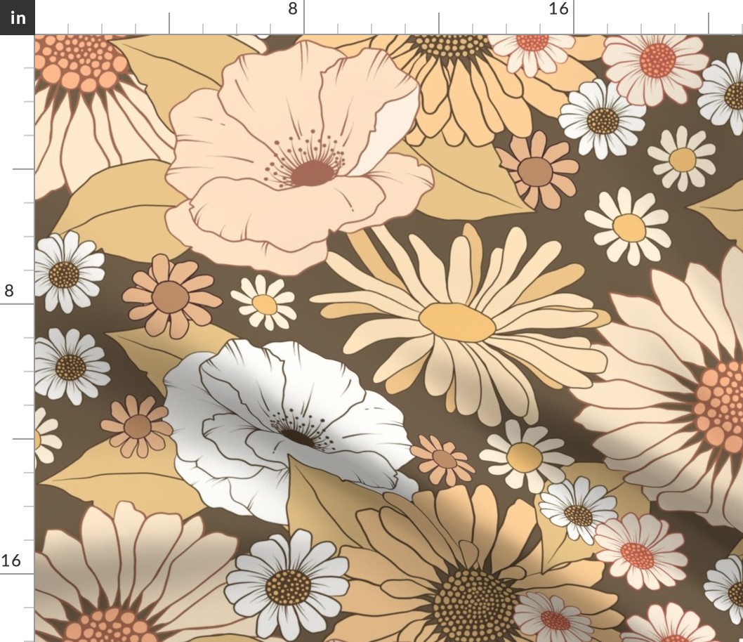 XL Earth Tone Vintage Floral - Retro 1960s and 1970s Flowers, brown and cream (sp-12)