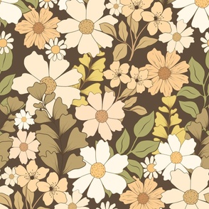Earth Tone Vintage Floral - Retro 1960s and 1970s Flowers, brown and cream (sp-9)