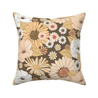 Earth Tone Vintage Floral - Retro 1960s and 1970s Flowers, brown and cream (sp-12) 