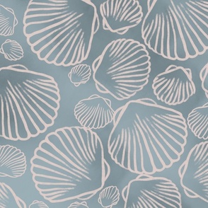 Grey blue watercolor seashell wallpaper. Seashell sand outline on watercolor blue background. Mixed directions.