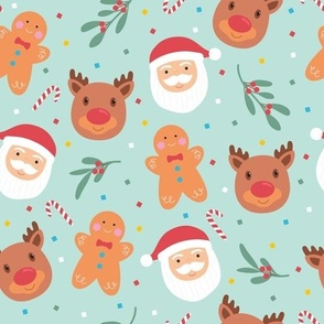 Christmas faces, Santa, rudolf and gingerbread man on Mint Green