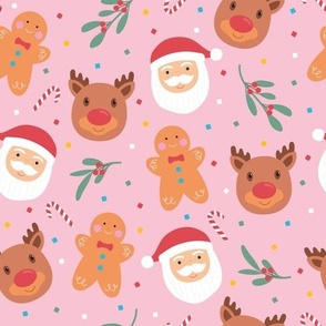 Christmas faces, Santa, rudolf and gingerbread man on Pink