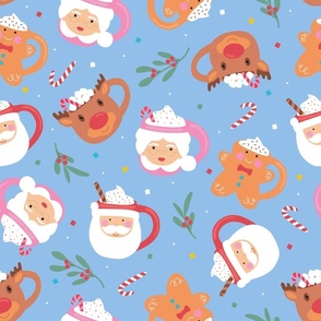 Large / Christmas Mugs, Santa, Mrs Claus, Gingerbread Man & Rudolf the Reindeer on Blue