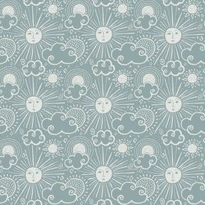 Celestial Suns and Clouds:  A whimsical cloudy and sunny Skyscape in Boho Block Print Style