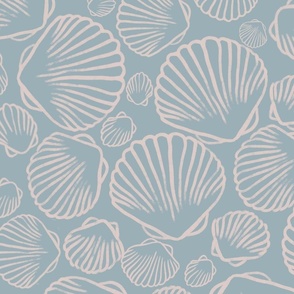 Light blue watercolor seashell wallpaper. Seashell sand outline on watercolor blue background. Mixed directions.