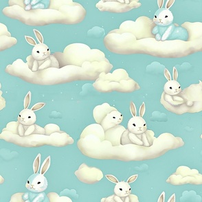 Blue sky bunnies on clouds - medium