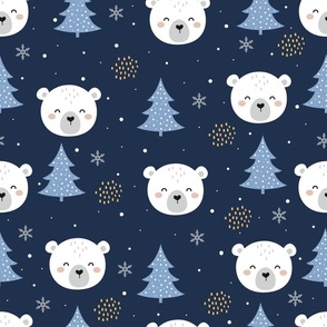Cute Christmas Polar Bear Pattern on Dark Blue, Large Scale