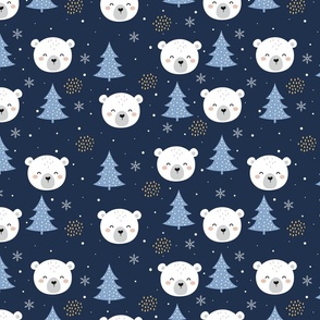 Cute Christmas Polar Bear Pattern on Dark Blue, Medium Scale