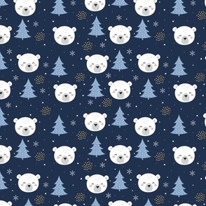 Cute Christmas Polar Bear Pattern on Dark Blue, Small Scale