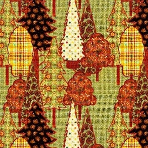 Cottage core rustic fall autumn  handdrawn forest woodland trees with faux appliquéd patterns and burlap hessian texture 6” repeat pale dusty green background