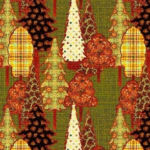 Cottage and Cabin core rustic fall autumn  handdrawn forest woodland trees with faux appliquéd patterns and burlap hessian texture 6” repeat sage green background